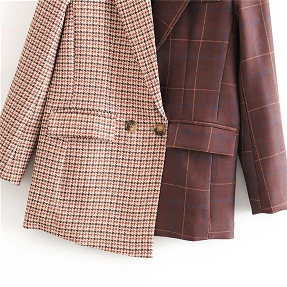 

2020 spring women's new retro fashion lapel small suit loose houndstooth color matching asymmetric suit jacket