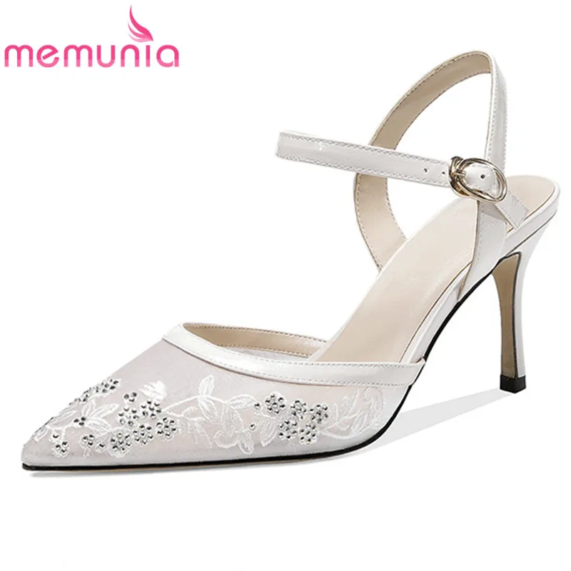 

MEMUNIA 2020 new arrive mesh +patent leather women sandals pointed toe buckle summer shoes thin high heels wedding shoes woman