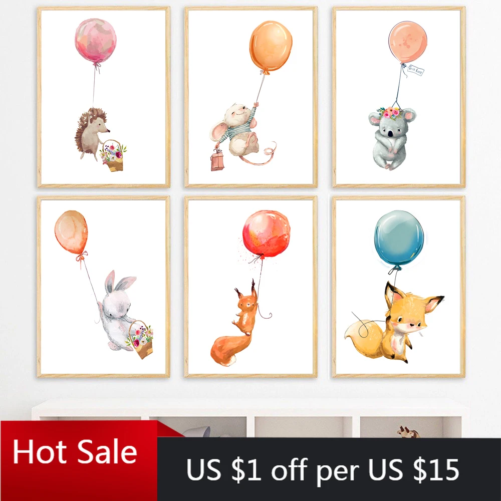 Кролик лиса белка коала мышь воздушный шар Картина на холсте для детской комнаты