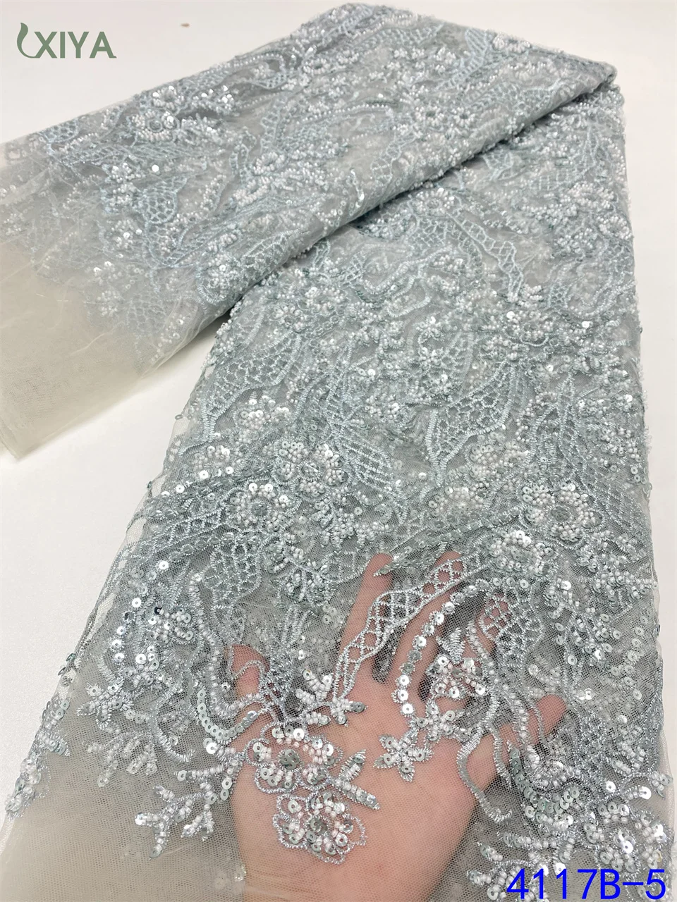 

New African Beaded Lace Fabric with Sequence Embroidery Nigerian Net Lace French Tulle Lace Fabric for Woman Sewing APW4117B