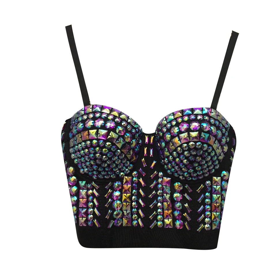2020 New Fashion Sexy Beading Black Spaghtetti Strap Crop Tops Summer Harajuku Solid Short Slash Neck Camis Women Evening Party