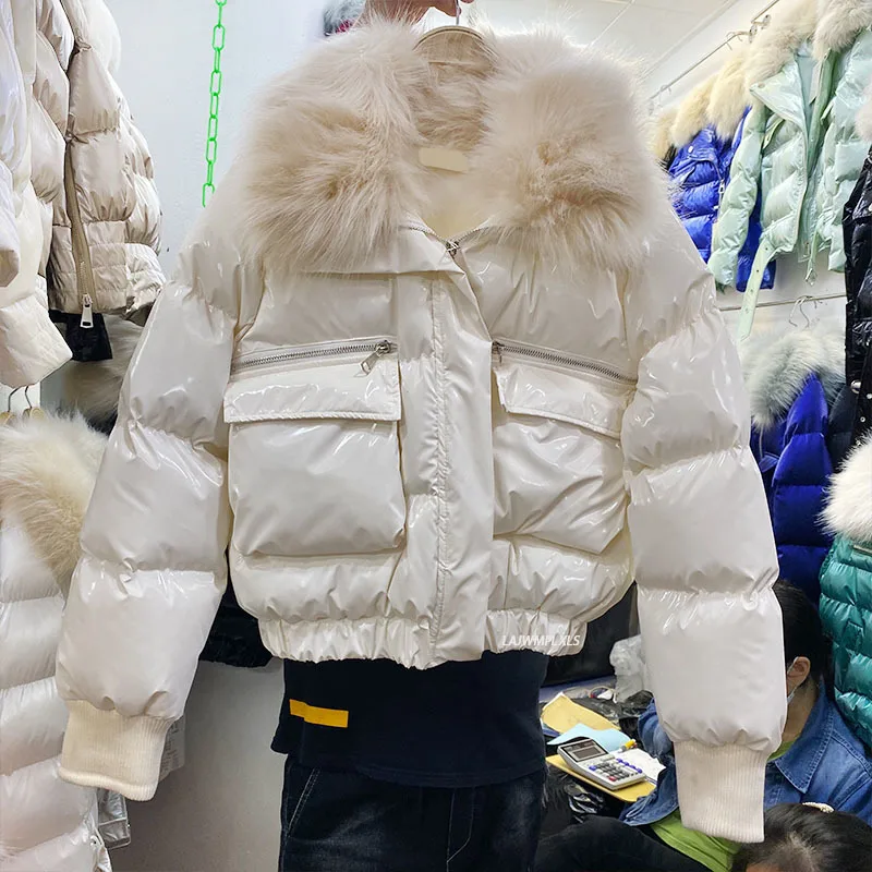 

Lacquer Bright Face Fur Collar Short Down Cotton Jacket Women's Short Pocket New Candy Color Zipper Jacket Cotton Padded Coat