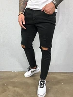 men ripped jeans skinny high street style elasticity slim frayed casual black blue gyms jogger track knee hole denim