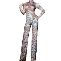 silver rhinestones striped jumpsuit women backless sparkling long sleeve rompers ladies nightclub performance dance costume