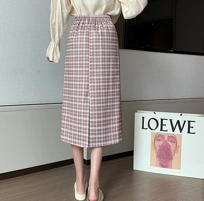 

Women Elegant OL Skirt Ladies Plaid Midi Skirt 2021 Spring Summer Fashion Party Office High Waist Skirts Female