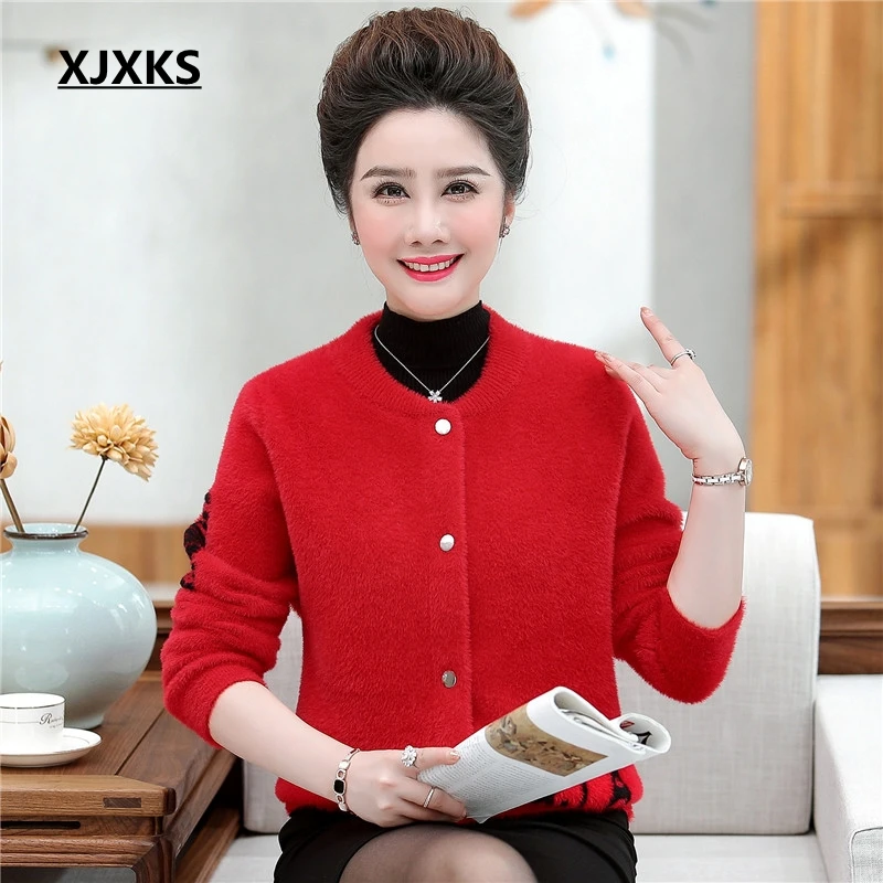 XJXKS Sueter Mujer Invierno плюс размер кардиган Повседневный круглый вырез длинный рукав однобортный пушистый женский свитер пальто - Цвет: Красный