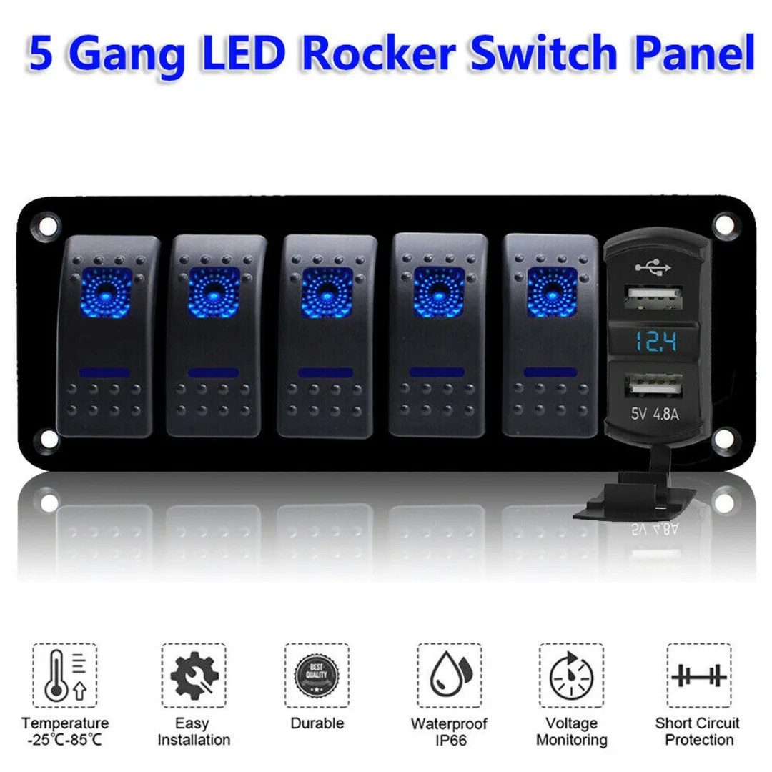 

5 Gang 12V / 24V Dual USB LED Rocker Switch Panel for Car Truck Boat Rv Marine
