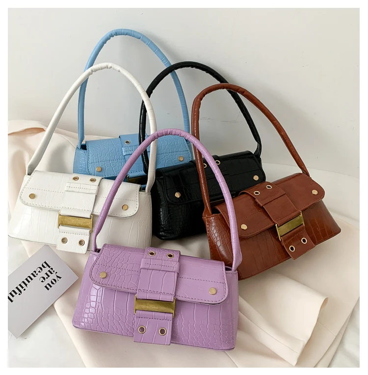 Solid Color Buckle Women Armpit Handbags Fashion New Ladies Small Shoulder Bags Crocodile Pattern PU Leather Female Underarm Bag