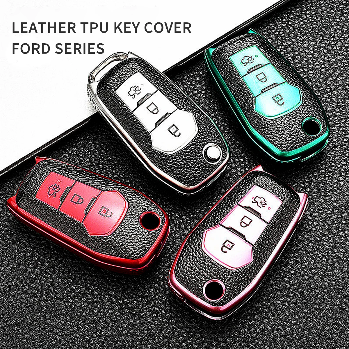 

Leather TPU Car Key Case Cover For Ford Fusion Fiesta Escort Mondeo Everest Ranger 3 Buttons Folding Key protection Shell