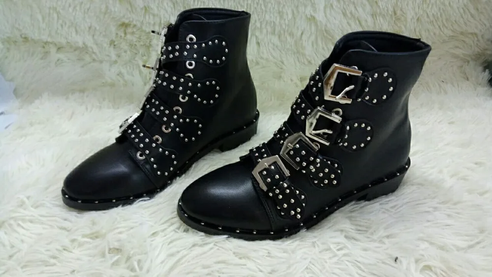 

Spring Brand Women Rome Style Studs Embellished Ankle Boots Black Leather Round Toe Metal Buckle Strap Motorcycle Boots