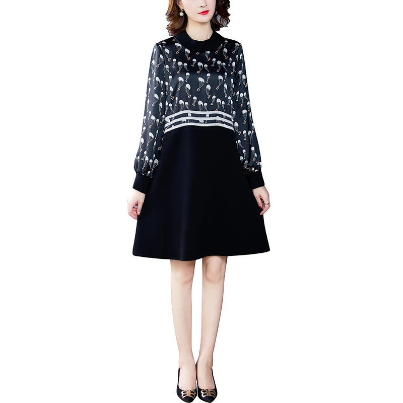 

Autumn Winter Vintage Black Print Midi Dresses 2021 Korean 4XL Plus Size Long Sleeve Dresses Classy Women Bodycon Party Vestidos