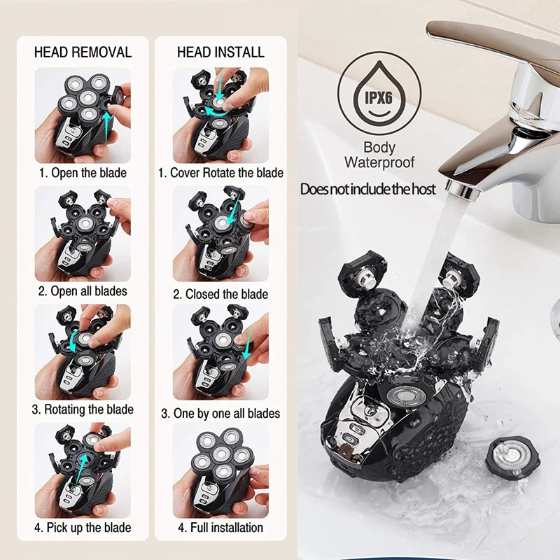 

6 in 1 Shaver Blade Heads 6 Blades Beard Cutter Replacement Blade Bald Electro 6D Razor Accessories for Men Head Face