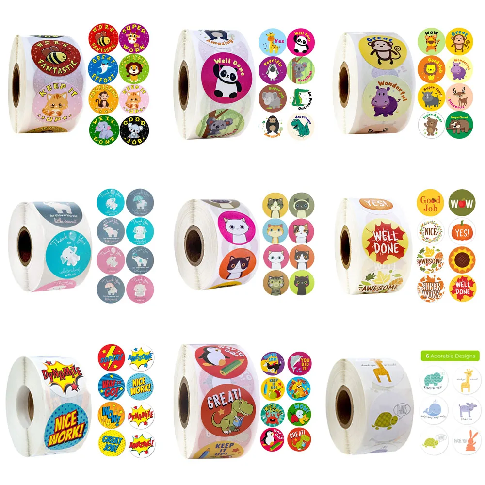 500pcs Reward Stickers Encouragement Labels Roll for Kids Motivational Sticker with Cute Animals Children Students Teachers | Канцтовары