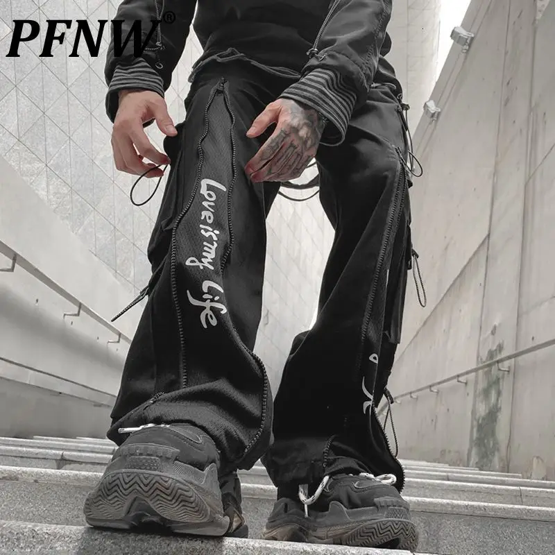 

Новинка Осень-зима 2021 мужские свободные брюки PFNW в стиле хип-хоп с завязкой-молнией и украшением черные темные брюки 12x12 57
