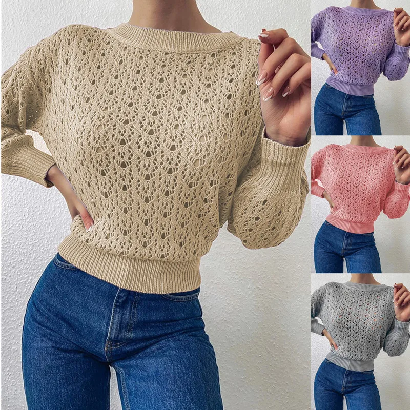 

Женский Повседневный вязаный свитер, однотонный пуловер с круглым вырезом и длинными рукавами из полиэстера, Осень-зима, размера плюс