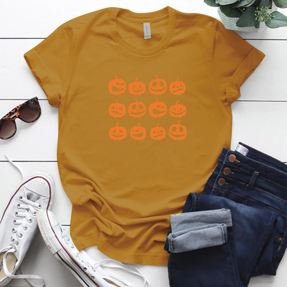 Pumpkin Printing Funny Tshirt Womens Harajuku Halloween Summer Female Casual O Collar Friends Tops Tee Kawaii | Женская одежда