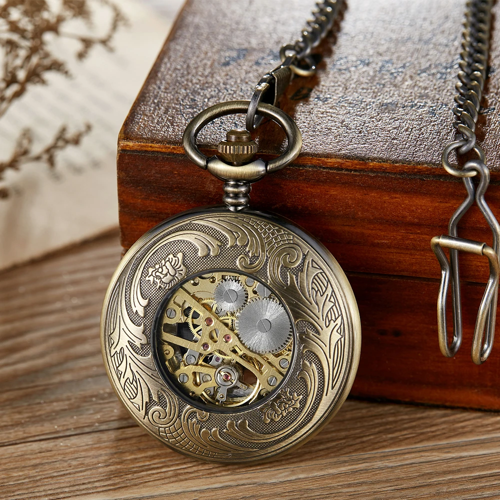 Retro Zodiac Design Men Women Pocket Watch Antique Hollow Mechanical Watches Bronze Clock Lucky Necklace Pendant Gift Fob Chains