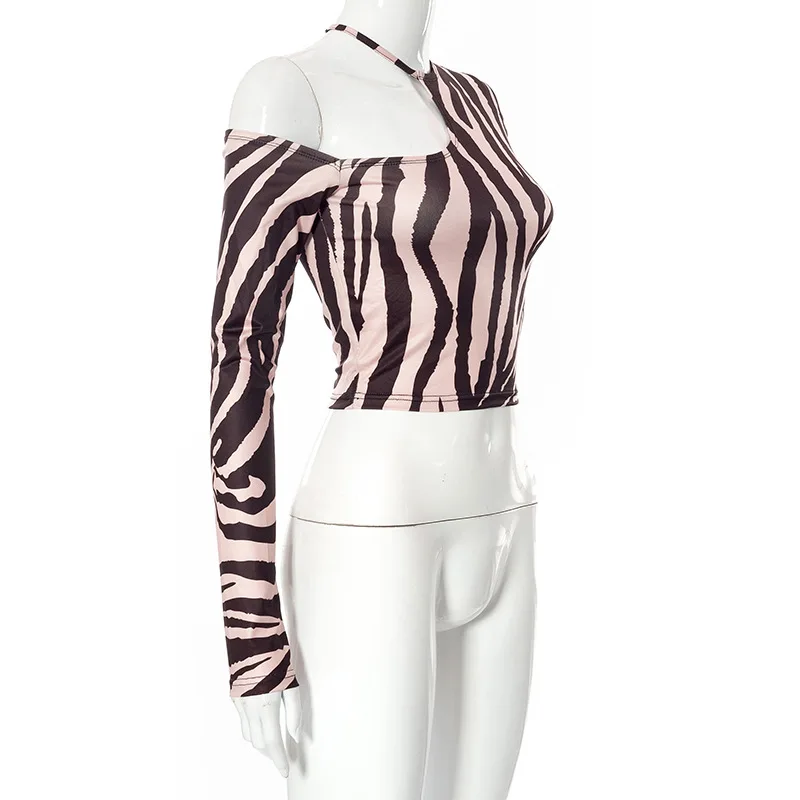 Женская футболка с длинным рукавом без бретелек Асимметричный топ принтом зебры