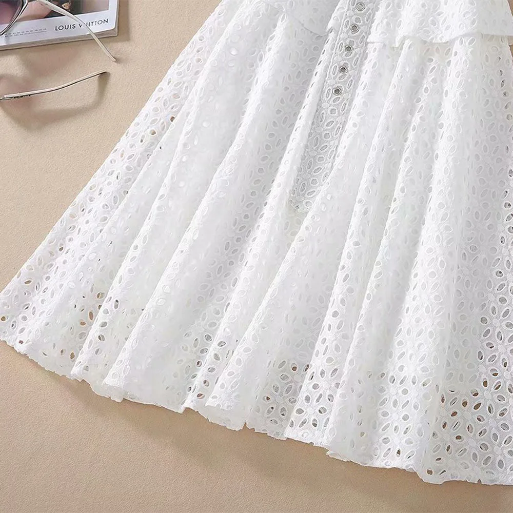 

Princess Women's Dress 2020 Summer Fashion Style Ladies Stand Neck Allover Cut Out Embroidery Short Sleeve Elegant White Dress