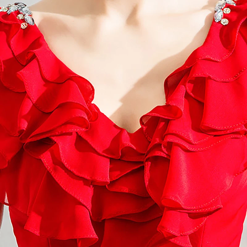 

Evening Dress Illusion Luxury Red Tulle Floor-Length A-Line Crystal Sashes Sleeveless V-Neck Vintage Lace Lady Formal Gown TS463