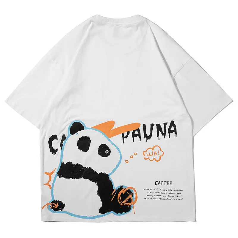 

Summer cartoon panda print short sleeve T-shirt for men popular logo INS loose hip-hop couple round neck half sleeve casual shir
