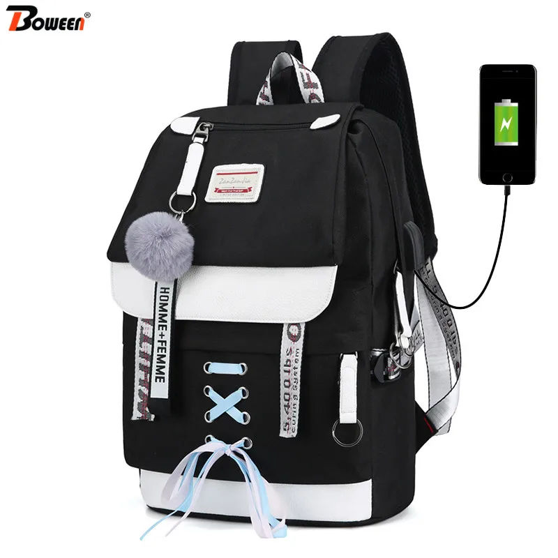 Large Black USB Backpacks Women School Backpack for Teenage Girls Bag Canvas Middle High College Student Bagpack New 2019 |