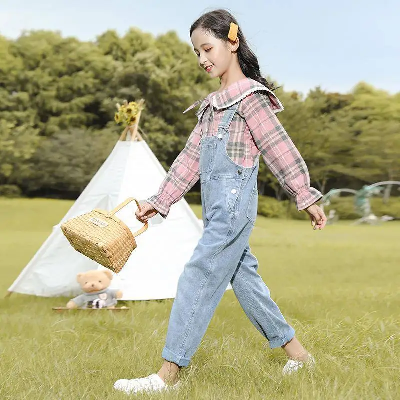 

2020 Spring Autumn Girls Fashion Beautiful Plaid Shirt +Slim Two-piece Denim Overalls Set