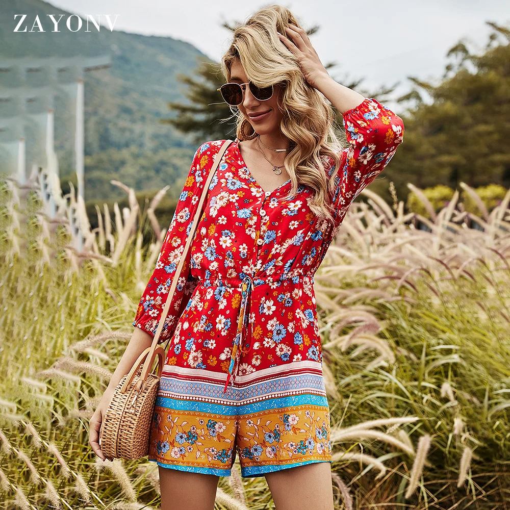 

Женский летний Повседневный слитный комбинезон с V-образным вырезом и рукавами-колокольчиками и поясом, шорты 3/4