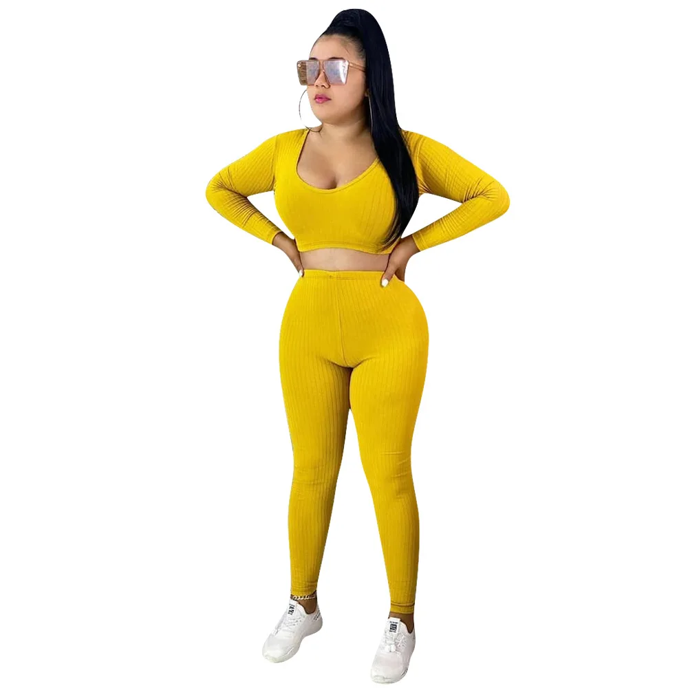 

Sexy Women Set Knitted Long Sleeve Crop Top + Long Pant Solid Color Tracksuit Women Outfits