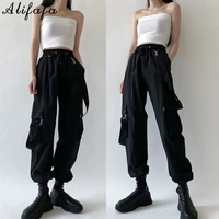 women fashion harajuku cargo pants black detachable strap trousers female elastic waist streetwear pants plus zise casual pants