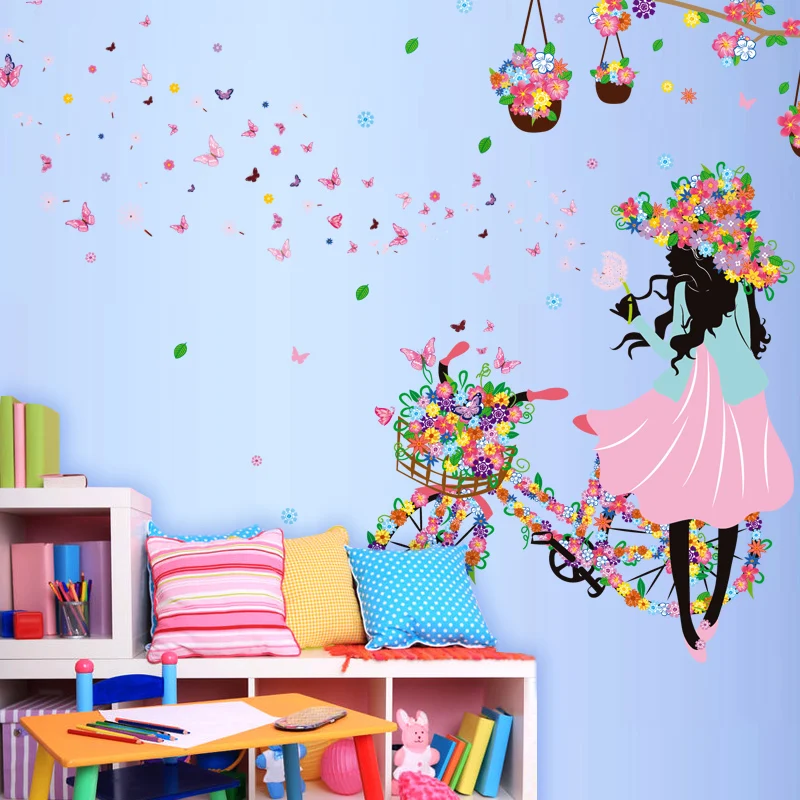 [SHIJUEHEZI] Модные наклейки на стену для девочек DIY бабочки велосипеда настенные