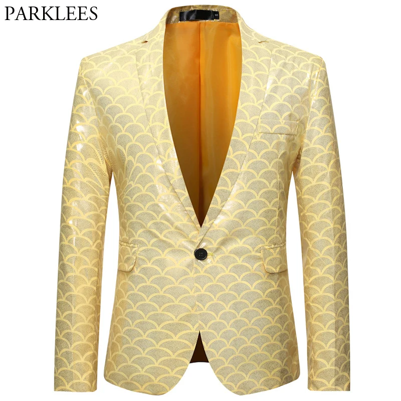 

Мужской пиджак золотого цвета с бронзовым принтом, модный Блейзер на одной пуговице, мужские вечерние блейзеры