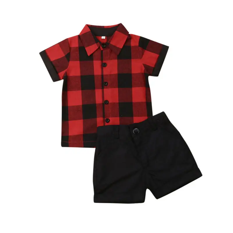 

1-5Y Summer Toddler Kids Baby Boy Sets Gentleman Clothes Red Plaid Shirt Tops Shorts Pants Formal Outfit