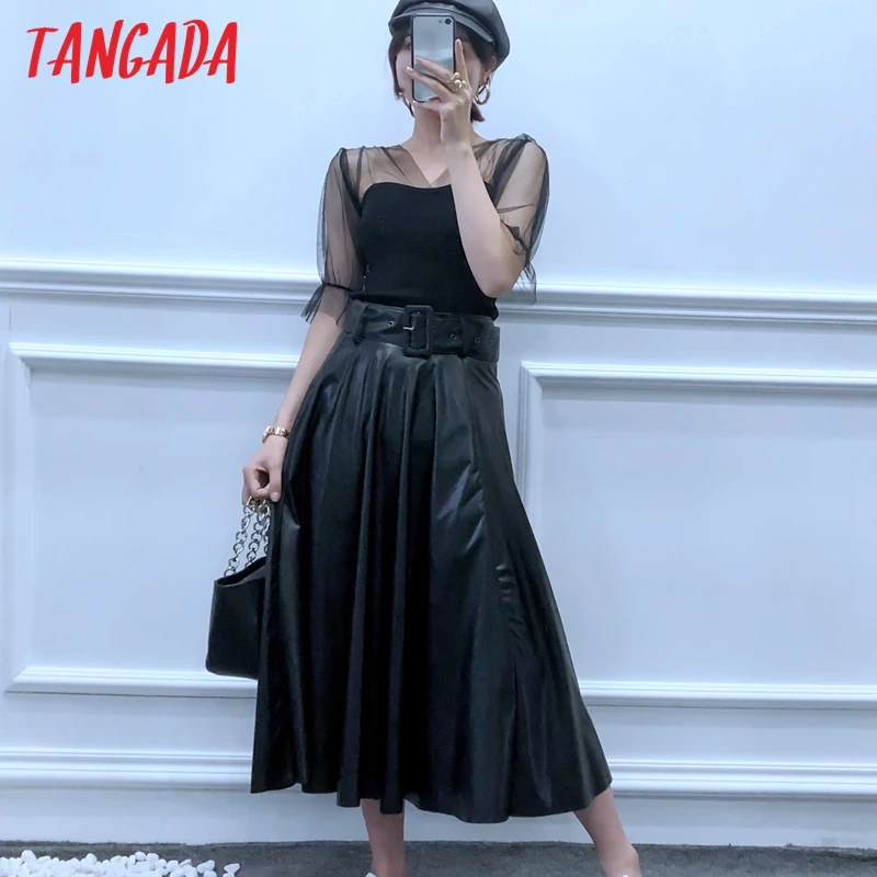 Tangada Женская юбка миди из искусственной кожи Винтажная с поясом однотонная женская офисная Дамская элегантная шикарное миди юбки 6A295