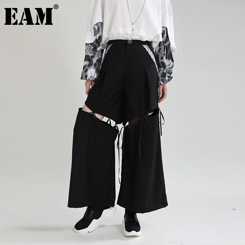 

[EAM] High Waist Black Bandage Hollow Out Long Wide Leg Trousers New Loose Fit Pants Women Fashion Spring Autumn 2022 1DE2963
