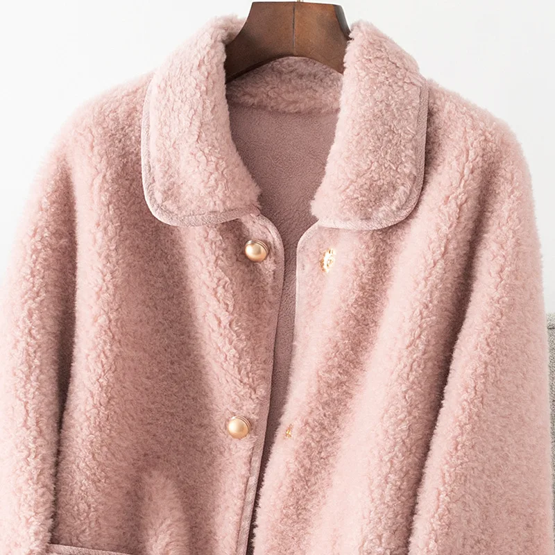 

Granulated Cashmere Coat Women's Mid Long 2020 Winter New Fashion Fur One Lamb Fur Jacket Pink Female Simple Solid Outwear