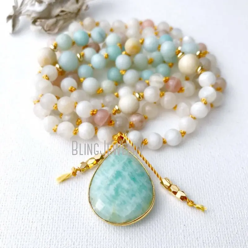 MN19745 Moonstone Amazonite Knotted Mala Beads Necklace Prayer Beads Amazonite Guru Crystal Yoga Gift For Her