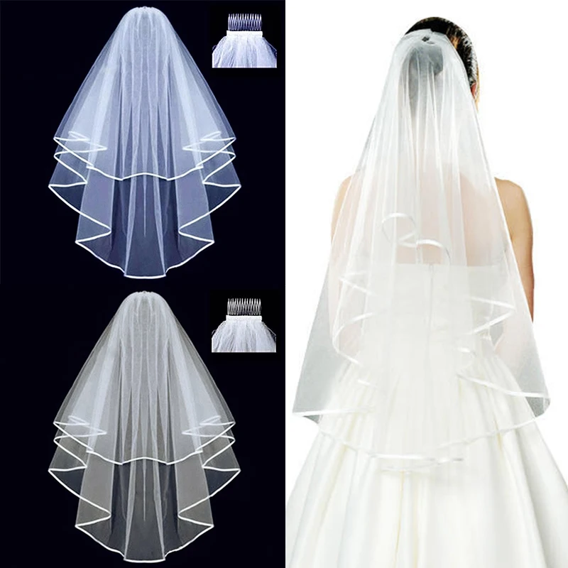 

Women Hair Veil Women Handmade Bridal Satin Veil Wedding Veils Elbow Length With Comb 2 Layer