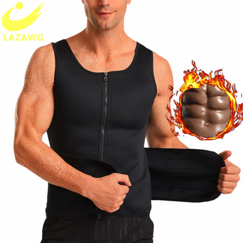 LAZAWG Mens Gym Neoprene Body Shapers Vest Sauna Sweat Suits Slimming Belly Tank Tops Cinchers Modeling Strap Waist Trainer Belt
