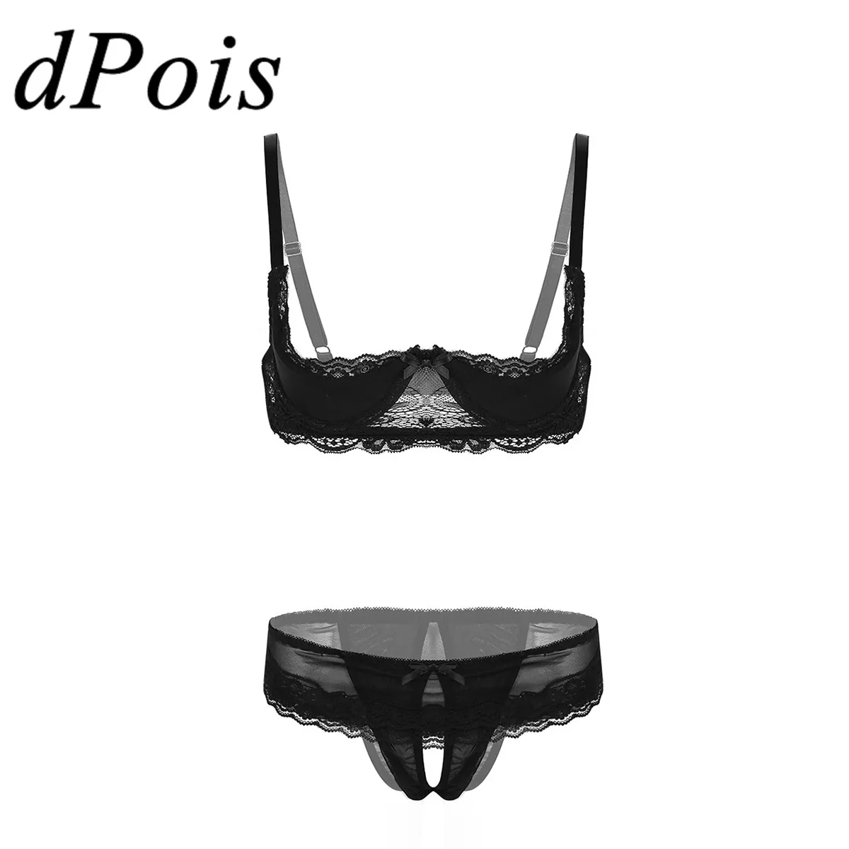 Комплект женского кружевного нижнего белья прозрачные открытые соски с чашкой 1/4