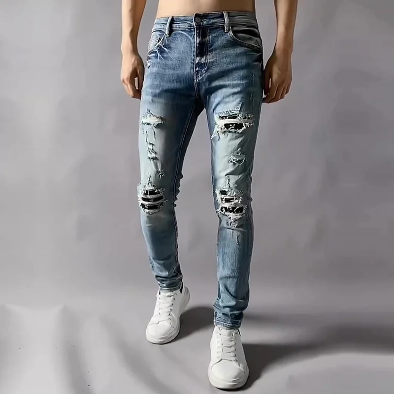 

Light Blue Street Retro Ripped Patchwork Jeans Men's Motorcycle Pants Men's Punk Jeans Hip Hop Ripped Designer Jeans Men's Pant