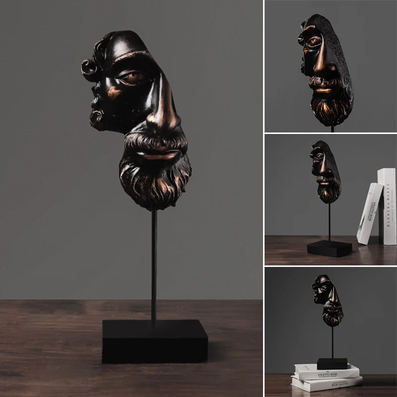 

3D Human Face Resin Statues Sculptures Nordic Style Art Crafts Figurine Wine Cabinet Home Office Decoration with Base HANW88