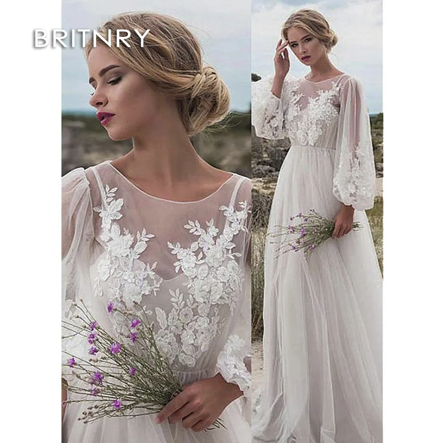 

BRITNRY A-line Beach Wedding Dress Simple Cheap Lace Appliques Wedding Bridal Dress Vestido De Noiva