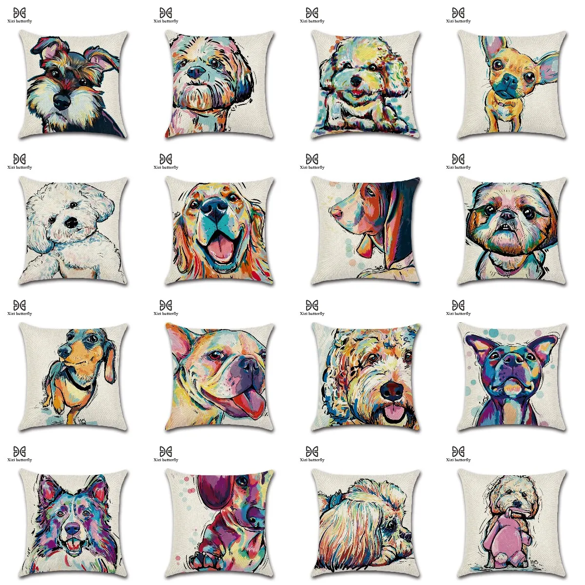 

Hand Painted Watercolor Cartoon Lovely Dogs Linen Cushion Cover Sofa Couch Modern Throw Pillows Case Livingroom Kids Room Decor