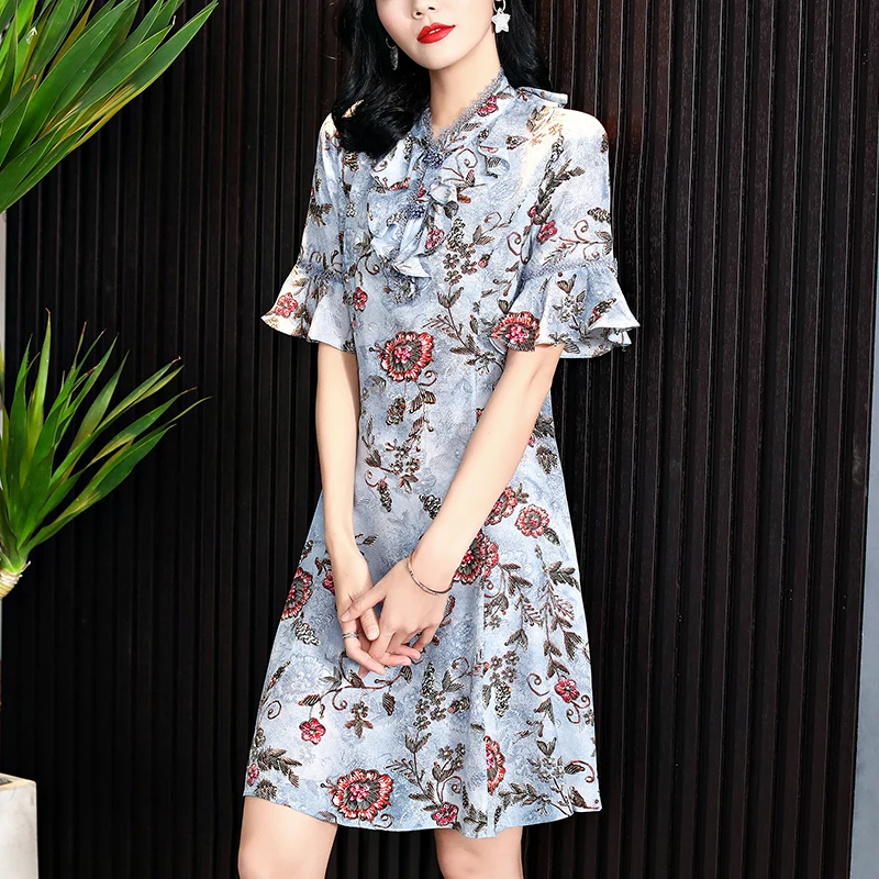 

100% Natural Real Silk Women Vintage Dresses Summer Elegant Stand Collar Short Flare Sleeve Floral Printed Lady A-line Dress