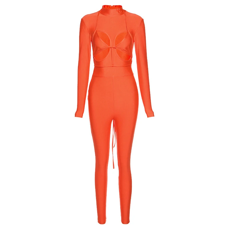 Women Sexy Solid Bright Hollow Out Sporty Jumpsuit Come With Bra Turtleneck Long Sleeve Skinny Romper Workout Overall One Piece
