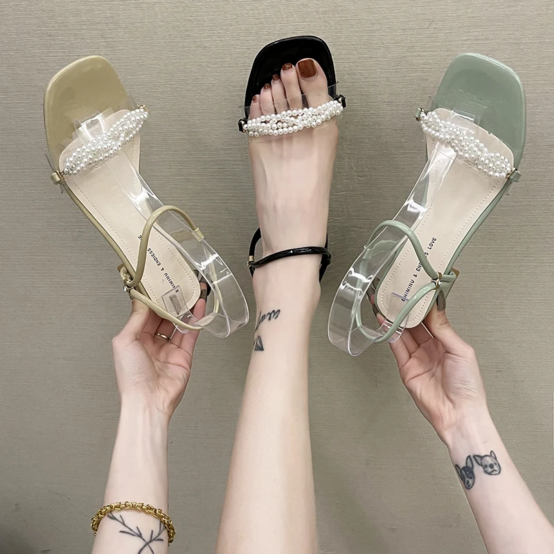 

Roman Sandals All-Match Black Shoes for Women Clear Heels 2021 Summer Med Gladiator Beige High Comfort Elastic Band New Girls M