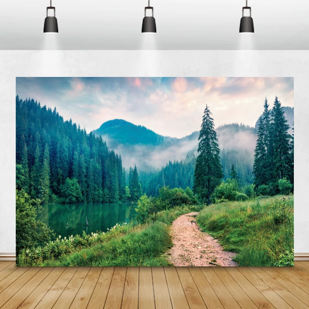 

Laeacco Photography Background Mountain Lake Tree Green Grass Shrub Way Natural Scenery Interior Photocall Backdrop Photo Studio