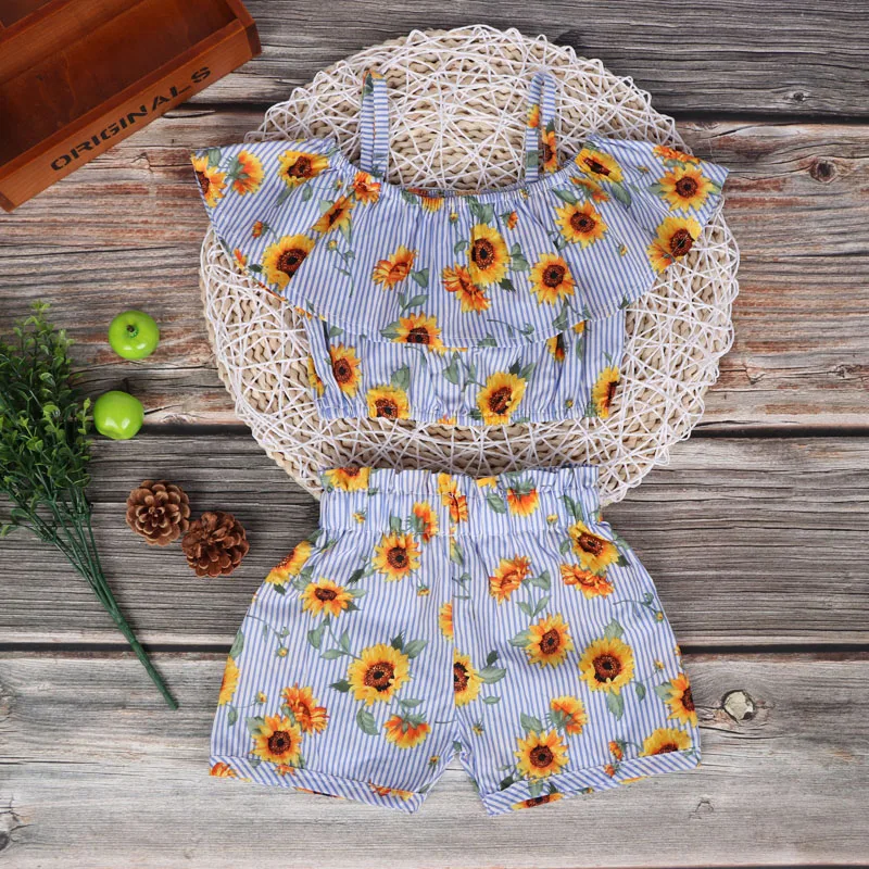 Дети детские летние комплекты для девочек футболки шорты с цветочным принтом 2
