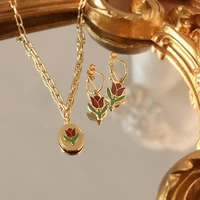 amaiyllis 18k gold vintage tulip clavicle necklace pendnat fashion epoxy wine red flower necklace earrings for female jewelry
